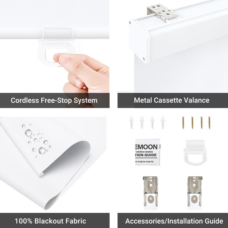 SHADEMOON Blackout Cordless Roller Shades for Windows,Free-Stop System Blind with
