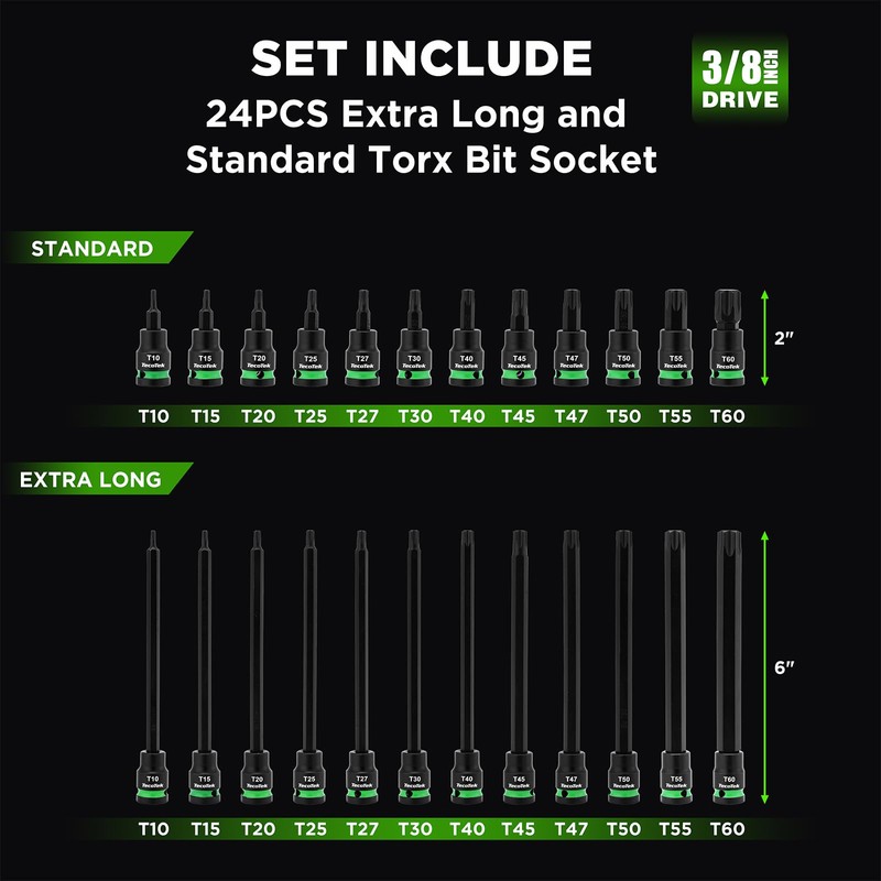 TecoTek 3/8" Drive Impact Torx Bit Socket Set, Extra Long