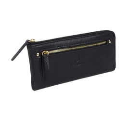 Les.conni Women's Long Wallet, Genuine Leather, L-Shaped Zipper, Slim, Thin, Cowhide Leather, Long Wallet, Black