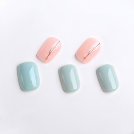 Miojora Flower Press on Nails Short Square Spring Summer Fake Nails, Black Line White Flowers Acrylic Nails Kits, Green Nude Glossy Gel False Nails Stick Glue on Nails Tip Manicure 24Pcs