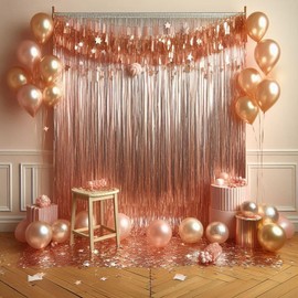 Metallic Tinsel Curtains Rose-Gold 1M x 2M Foil Flow Curtain Background Streamer Birthday Party Backdrop Wedding Holiday Christmas Graduation Decoration Pack of 1