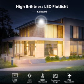 KELINVMI 30 W LED Outdoor Spotlight, 3000 lm LED Floodlight, 4200 K Warm White IP66 Waterproof Outdoor Lighting for Garden, Garage, Home, Yard, 50 cm Wires without Plug, Pack of 2
