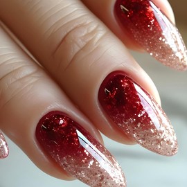 Christmas Press on Nails Medium Almond Fake Nails with Burgundy Gradient Design Red Glitter Glue on Nails Glossy Full Cover Stick on Nails Acrylic Winter False Nails for Coquette Women 24Pcs