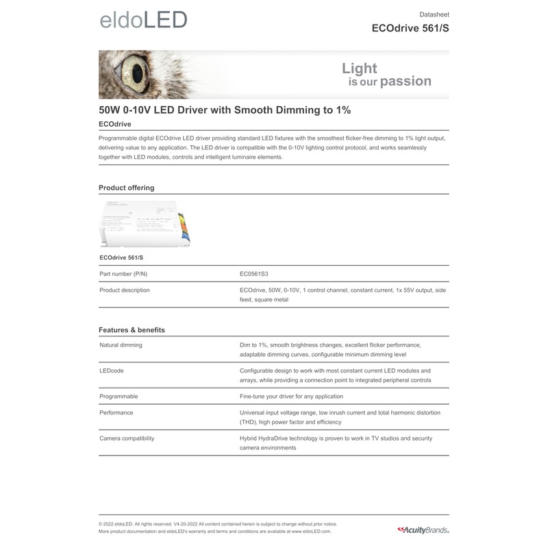 eldoLED | ECOdrive 561/S | 50W 0-10V LED Driver with