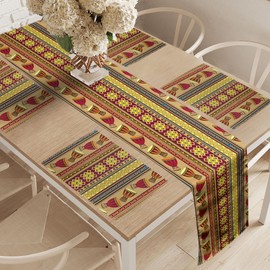 ABAKUHAUS Ethnic Table Runner & 4 Piece Placemats, African Tribal Pattern with Abstract Folk Numbers and Drum Icons Traditional Design, Table Decoration Set, 180 x 40 cm, Brown Red