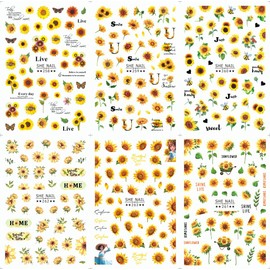 Sunflowers Nail Art Stickers Decals 3D Self-Adhesive Spring Summer Nail Decals Yellow Daisy Flowers Bee Butterfly Letters Floral Nail Supplies Nail Art Design Decoration Accessories 6 Sheets