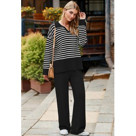 Pink Queen Fall Sweater Sets for Women 2 Piece Long Sleeve Collar V Neck Sweatsuit Knitted Stripe Pajamas Black M