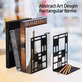 Book Ends, Bookends, Bookends Heavy Duty, Book Ends for Book Shelves, Decorative Metal Book Stopper (Black 2 Pair) for Bookworms Gifts, Abstract Desgin Book Dividers Holders Stand for Office, Library