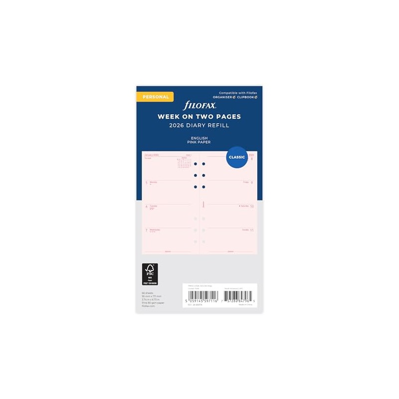 Filofax Personal week on two pages Pink English 2026 diary