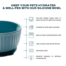 Cat Bowls with Suction Cup 400ml with Silicone Lid — Elevated Silicone Pet Dish with Non-Slip Bottom for Dry Food, Wet Food and Water — Silicone Water Bowl for Small Dog, Rabbit, Kittens (Light Grey)
