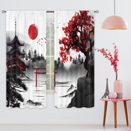 Cinbloo Japanese Cherry Blossom Curtains 42Wx63H Inch Rod Pocket Black Red Asian Anime Chinese Watercolor Mountain Sun Art Printed Aesthetic Living Room Bedroom Window Drapes Treatment Fabric 2 Panels