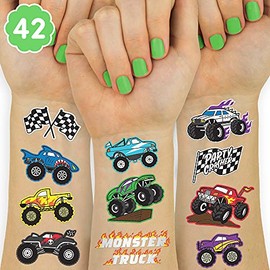 xo, Fetti Monster Truck Party Supplies Tatuajes temporales - 42 estilos metálicos | camiones, coches grandes, líneas de acabado + llamas