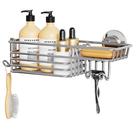 TAILI Hanging Stainless Steel Shower Caddy No Drilling Bathroom Shelf Suction Cup with Hooks & Soap Holder & Razor Holder Bathroom Accessory Storage Shower Shelf for Inside Shower, Silver