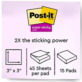 Post-it | Notas superadhesivas, colores brillantes surtidos, 3 x 3 pulgadas, 15 blocs por paquete, 45 hojas por bloc, doble poder de adherencia, recic