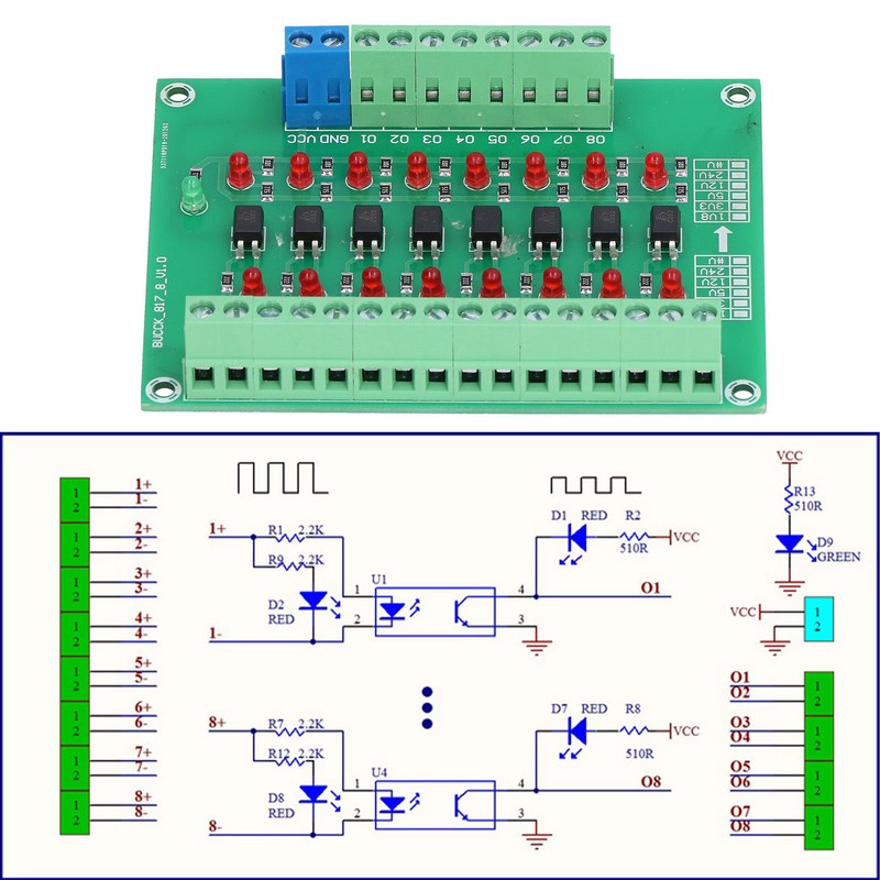 Optical Isolation Module 24V to 5V 8 Channel Optocoupler PLC