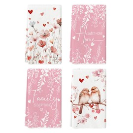 Artoid Mode Floral Magpie Love Valentine's Day Kitchen Towels Dish Towels, 18x26 Inch Wedding Farmhouse Decoration Hand Towels Set of 4