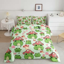 Mushroom Frog Comforter Set Twin Size Cute Mushroom Bedding Set 2pcs for Kids Girls Boys Bedroom Decor Cartoon Animals Plants Quilt Set Pink Green Duvet Insert,1 Pillowcase