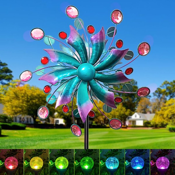 Solar Wind Spinner, 60.63 Inch Outdoor Metal Stake Yard Spinners, Solar Powered Multi-Color LED Glass Ball with Kinetic Wind Sculpture Spinner Windmills for Outdoor Lawn & Garden Decoration