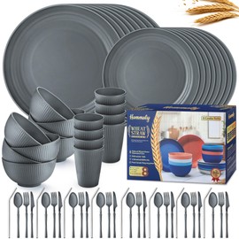 Wheat Straw Dinnerware Sets,64-Piece Plates and Bowls Sets for 8-Unbreakable,Reusable Plastic Dish Set-Dinner Plate/Dessert Plate/Cereal Bowl/Cup/Utensils-Microwavable Dishwasher Safe 64P-Deep Gray