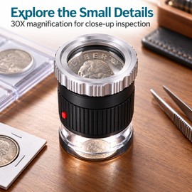 30X Pocket Magnifier – LED & UV Loupe with Adjustable Focus and Scale for Jewelry & Coins