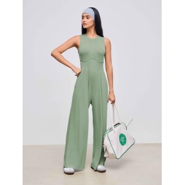 CIDER Jumpsuits for Women Sleeveless Wide Leg Overalls Dressy Crewneck One Piece Jumpsuits with Pockets Summer Fall: Light Green, M
