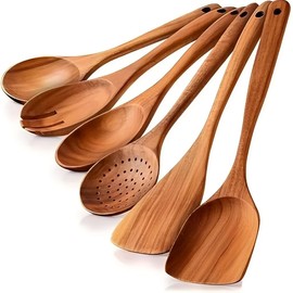 Vensure Wooden Spoons for Cooking 6 - Piece, Natural Teak Wooden Kitchen Utensils Set, Cooking Utensils Set with Long & Comfort Grip, Wooden Spoons Spatula Set Perfect for Non-Stick Cookware