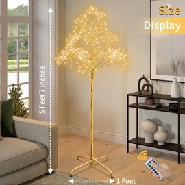 XTHlamp LED Tree Floor Lamp, 5.7 Ft Tall, Remote Control, IP44 Waterproof, Gold Metal Stand, Warm White Lights Firework Lamp