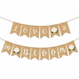 Adurself Love is in Bloom Burlap Banner with Flower Sweets Rustic Bunting Garland for for Engagement, Wedding, Anniversary, Valentine's Day Party, Bridal Shower Party Decorations