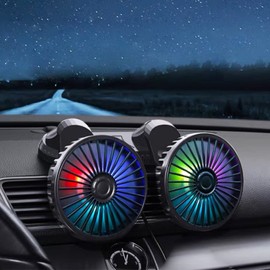 Car Cooling Fan, 12V/24V 360° Adjustable Dual Head Cooling Air Fan Brushless Motor Low Noise Automobile Vehicle Fan Micro for Car/SUV/RV/Truck/Boat Use (with Coloured Light)