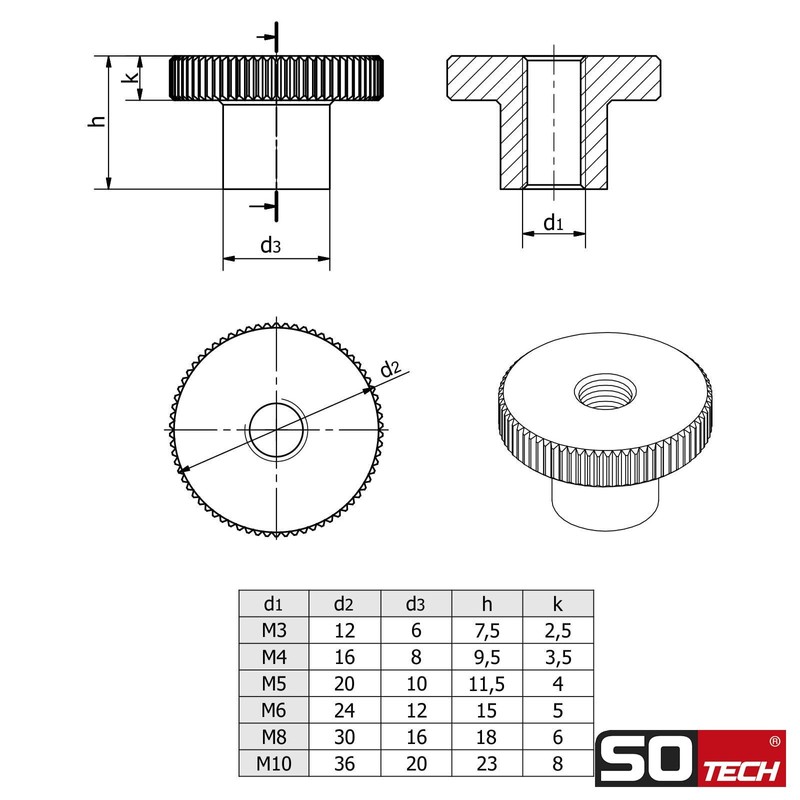 Set of 4 SOTECH Knurled Nuts M5 Stainless Steel V2A