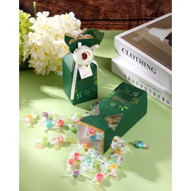 Liobelon 10 Pieces Floral Gift Boxes, Petal Shaped Candy Treat Box 3D Flower Candy Boxes With Ribbons for Flower Themed Party, Bridal Shower, Wedding, Engagement Candy Table Decorations (Green)