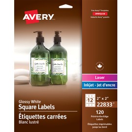 Avery Glossy White Square Labels, 2" x 2" Square Product Labels, for Laser/Inkjet Printers, 120 Labels, Permanent, White, (22833), Made in Canada