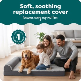 Furhaven Replacement Dog Bed Cover Two-Tone Faux Fur & Suede L Shaped Chaise, Machine Washable - Stone Gray, Jumbo (X-Large)