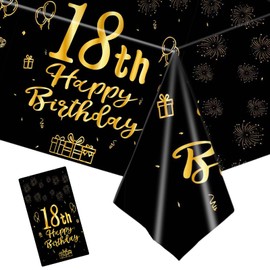 137*274cm Black Gold 18th Birthday Table Cloth for Girls,Boys,18th Birthday Table Decorations Plastic Tablecloths Disposable Tablecover for Girl,Boy,Women,Him,Her 18th Birthday Gifts Party Décor