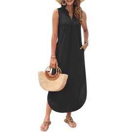 AUSELILY Womens Summer Casual Maxi Dresses 2025 Sleeveless Long Beach Dresses V Neck Loose Sundresses with Side Split Pockets Black M
