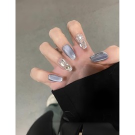 ZYOWAIT CDJ40-Nail Tips, Blue, Cute, Light Blue, Fake Nails, Set of 24, Medium, Blue Type, Fake Nails, Short, Korea, Autumn, Winter, Spring and Summer, Simple, Finger, Blue, Popular, Glossy, Cute