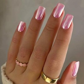Sxvme Uñas Postizas De Metal Con Efecto Espejo Aurora Coconut Pink, Medianas, Cortas, Cuadradas, Cromadas, Esmaltadas, Cortas, De Gel, Con Revestimien