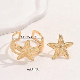 twinkle eye Gold Plated Starfish Shell Jewelry Set Sea Star Arm Cuff Bracelet Open Rings Sets Prom Formal Chunky Costume Ocean Statement Bangle Summer Jewelry for Women-Star