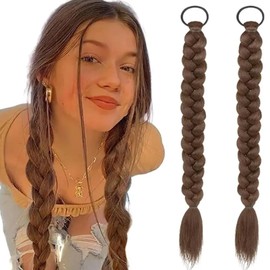 2Pcs Braided Ponytail Extensions with Hair Ties Soft Synthetic Hair Pieces for Women Girls Daily Wear 16 Inch (light)