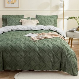 JELLYMONI Reversible Green & White Duvet Cover King Size - 3PCS Microfiber Tufted Duvet Cover, Boho Textured Duvet Cover Jacquard Geometric Pattern Duvet Cover with Corner Ties & Zipper Closure