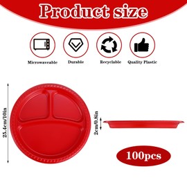 Tolare 100 Pcs 10 Inch 3 Compartment Plates Plastic, Divided Plate, Section Plates Heavy Duty Disposable Dinnerware for Party Wedding Birthday(Red)