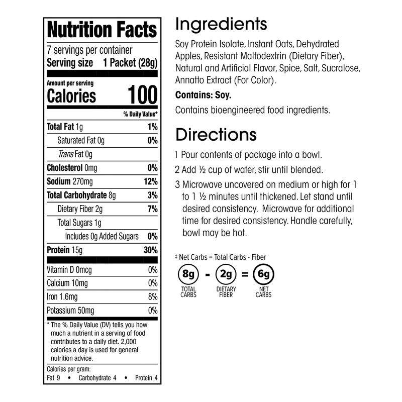 Wonderslim Instant Protein Oatmeal, Apple & Cinnamon, Gluten Free, Low