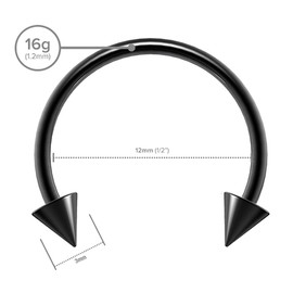 2pc 1.2mm 16g Surgical Stainless Steel Black Horseshoe Bar Hoop 4mm Spike Circular Barbells Earrings Cartilage Helix Septum Nose Lip Rings - 12mm