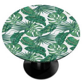 cfpolar Tropical Round Tablecloth with Elastic Edge, Summer Palm Leaves Washable Wipeable Tablecloth, Polyester Table Cover for Kitchen Dining Party Wedding Holiday Fits Round Table 40-44 in
