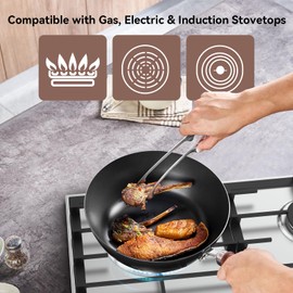 WANGYUANJI 10.24" (26 cm) Iron Wok with Glass Lid — Flat-Bottom Uncoated Wok Pan That Develops Natural Nonstick Patina, Wooden Handle with Hanging Loop — Works on Gas, Electric & Induction