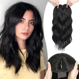 MORICHY Hair Toppers for Women Clip in Hair Topper with Bangs 16inch Black Long Wavy Curly Synthetic HairPieces for Women