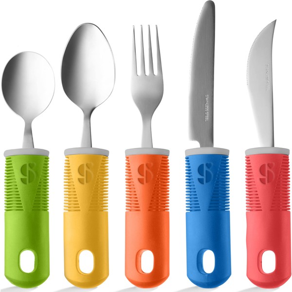 Special Supplies Adaptive Utensils (5-Piece Kitchen Set) Wide, Non-Weighted, Non-Slip Handles for Hand Tremors, Arthritis, Parkinson’s or Elderly Use - Stainless Steel (Multicolor)