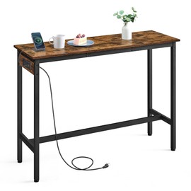 VASAGLE Bar Table, Narrow Long Kitchen Dining Table with Charging Station, Sturdy Metal Frame, Industrial, 15.7 x 47.2 x 35.4 Inches, Rustic Brown and Ink Black ULBT121K01