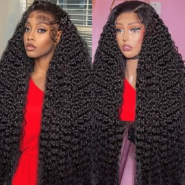 UDJLH 34 Inch 13x6 Deep Wave Lace Front Wigs Human Hair Curly Human Hair Wig 180% Density Wet and Wavy Hd Lace Frontal Wigs Deep Curly Glueless Pre Plucked Wigs for Women (34 Inch-8A)