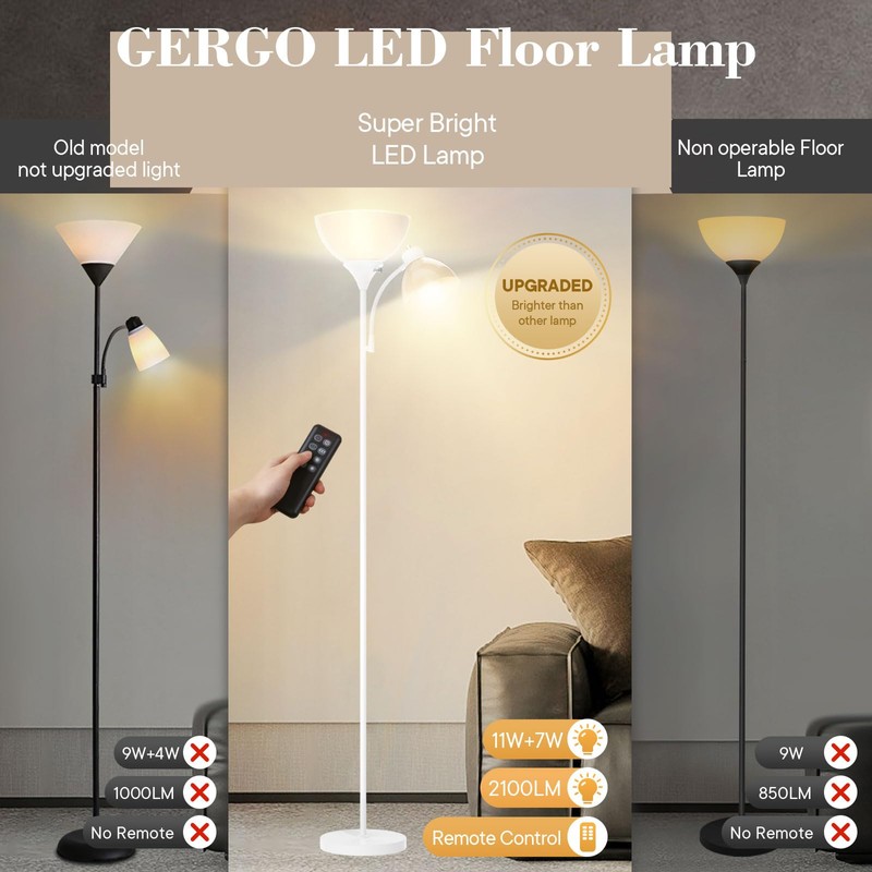 GERGO Led Floor Lamp, Super Bright 11W+7W 2100LM Torchiere Floor